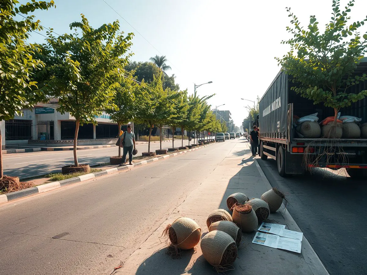 市政道路绿化补植现场，工人正在卸载香樟苗木