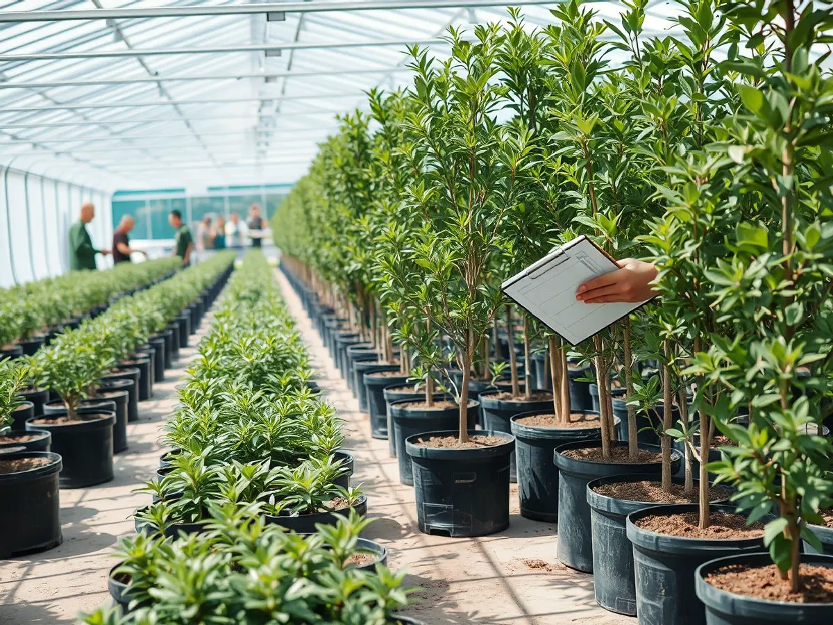 苗木规格升级场景：工人检查大规格苗木